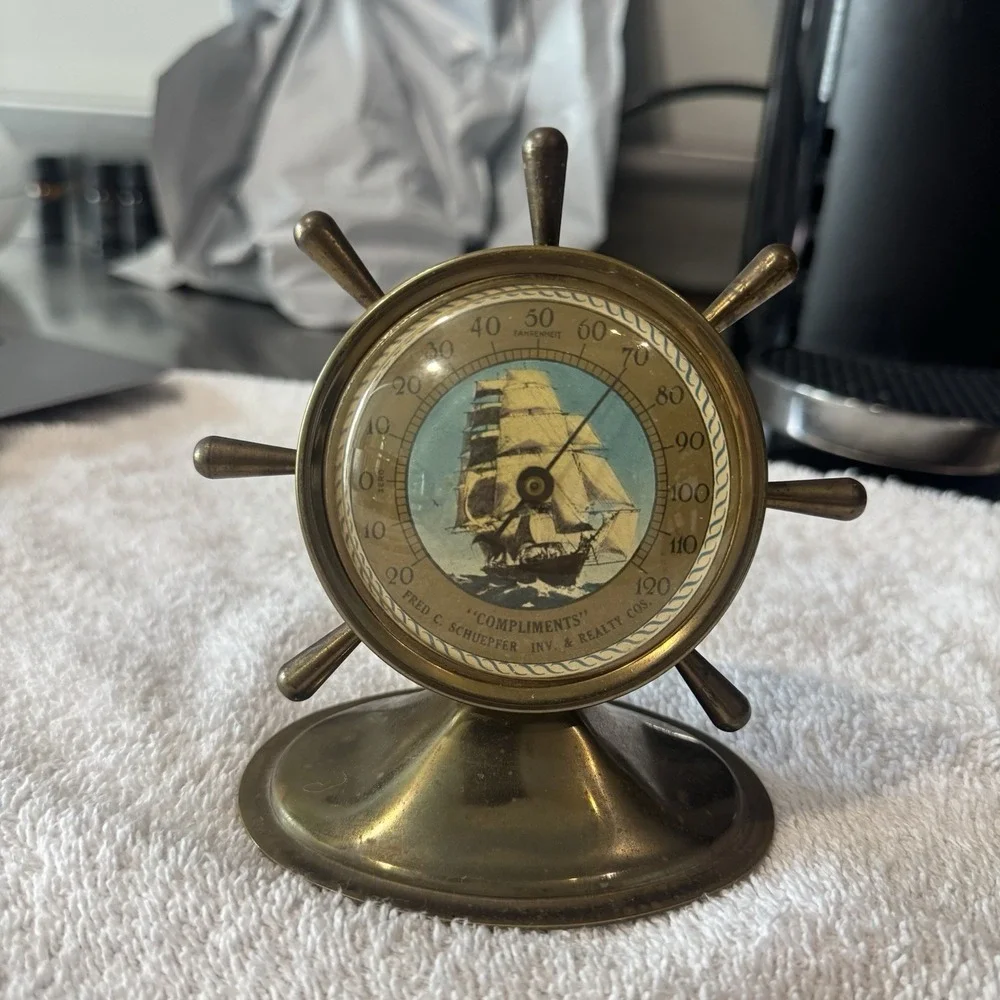 Vintage 60's Brass Ship Wheel Advertising Desk Thermometer Fred C Schuepper